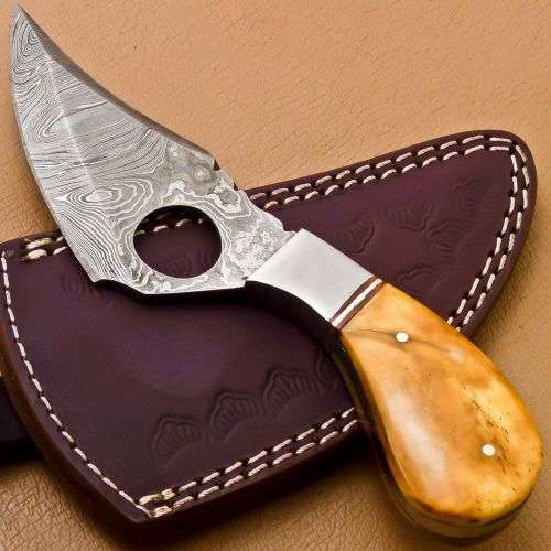 CUSTOM DAMASCUS SKINNING KNIFE WITH HAND MADE CAMEL BONE