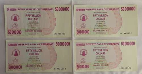 ZIMBABWE FIFTY MILLION DOLLARS 3X AN PREFIX WITH SEQUENCE SERIAL NO'S 1X AP PREFIX-ALL FOUR IN UNC C