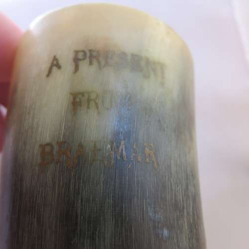 BOER WAR TRENCH ART MAKE FROM COW HORN & INSCRIBED-A PRESENT FROM BRAEMAR-DICE CUP-HEIGHT 63MM-DIAME