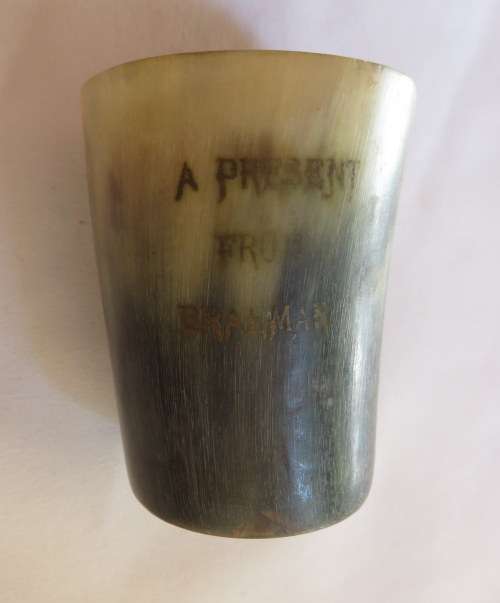 BOER WAR TRENCH ART MAKE FROM COW HORN & INSCRIBED-A PRESENT FROM BRAEMAR-DICE CUP-HEIGHT 63MM-DIAME