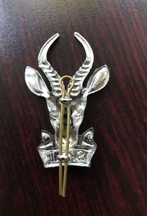 SA INFANTRY CAP BADGE-LARGE CHROMED VARIATION-WORN POST 1976