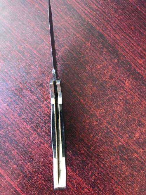 DAMASCUS STEEL FOLDING KNIFE WITH BUFFALO HORN HANDLE -EXTENDED LENGTH 19CM-LEATHER POUCH