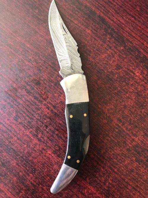 DAMASCUS STEEL FOLDING KNIFE WITH BUFFALO HORN HANDLE -EXTENDED LENGTH 19CM-LEATHER POUCH