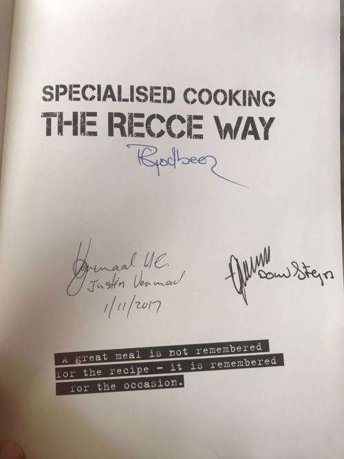 SPECIALISED COOKING THE RECCE WAY-SIGNED BY THE AUTHORS AND 8 OTHER  RECCE OPERATORS-STIFF CARD COVE
