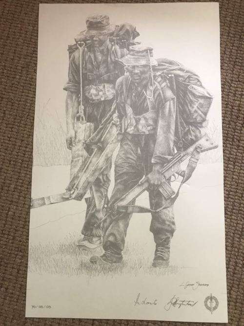 SA RECCE REGT. PENCIL SKETCH BY L. GREWAR STEENKAMP-SIGNED BY MAJ. GEN F.W. LOOTS & COL. JAN BREYTEN