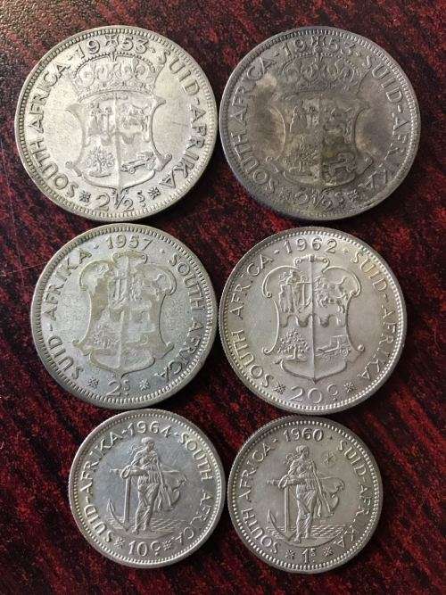 FOLLOWING SILVER COINS-SOLD TOGETHER -SHILLING 1960&1964/ TWO SHILLING 1957&1962/HALF CROWN 1953 X 2