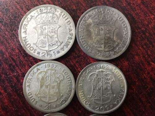 FOLLOWING SILVER COINS-SOLD TOGETHER -SHILLING 1960&1964/ TWO SHILLING 1957&1962/HALF CROWN 1953 X 2