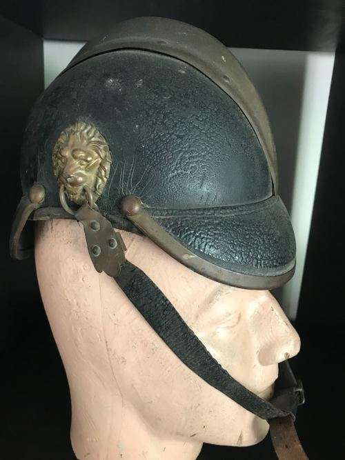 VINTAGE PRE WW1 LEATHER AND BRASS FIREMANS HELMET WITH BRASS MOUNTS-LABELLED MULIER 11