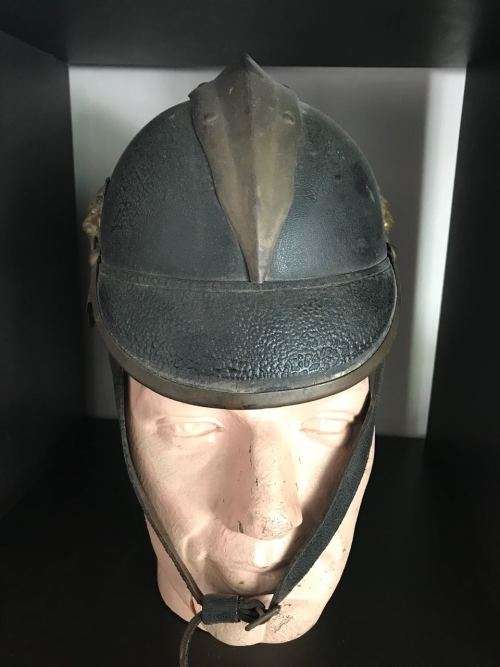 VINTAGE PRE WW1 LEATHER AND BRASS FIREMANS HELMET WITH BRASS MOUNTS-LABELLED MULIER 11