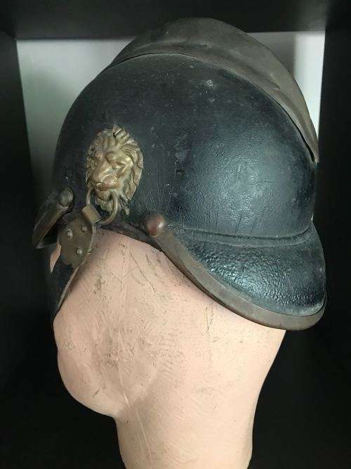 VINTAGE PRE WW1 LEATHER AND BRASS FIREMANS HELMET WITH BRASS MOUNTS-LABELLED MULIER 11