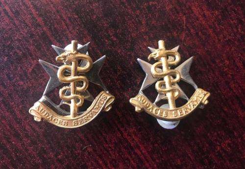SA MILITARY HEALTH SERVICES COLLAR BADGE PAIR- ONE PIN MISSING- WORN FROM THE 1980'S
