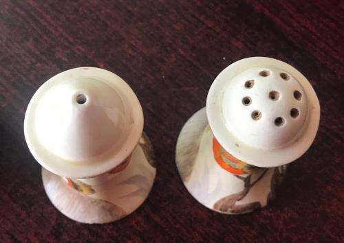 CLARICE CLIFF SALT & PEPPER SET-SOLD WITH A MUSTARD POT WITH THE SAME PATTERN-HEIGHT OF THE SALT & P
