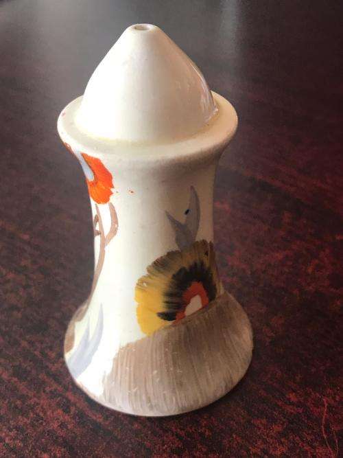 CLARICE CLIFF SALT & PEPPER SET-SOLD WITH A MUSTARD POT WITH THE SAME PATTERN-HEIGHT OF THE SALT & P