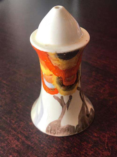 CLARICE CLIFF SALT & PEPPER SET-SOLD WITH A MUSTARD POT WITH THE SAME PATTERN-HEIGHT OF THE SALT & P