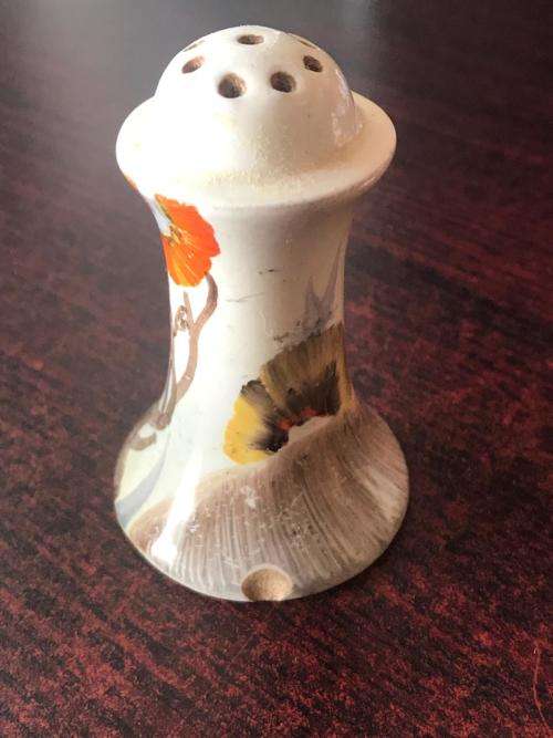 CLARICE CLIFF SALT & PEPPER SET-SOLD WITH A MUSTARD POT WITH THE SAME PATTERN-HEIGHT OF THE SALT & P