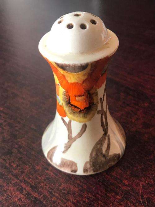 CLARICE CLIFF SALT & PEPPER SET-SOLD WITH A MUSTARD POT WITH THE SAME PATTERN-HEIGHT OF THE SALT & P