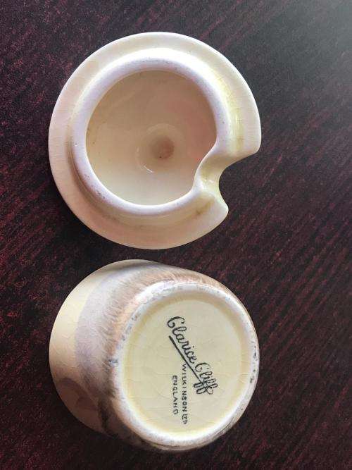 CLARICE CLIFF SALT & PEPPER SET-SOLD WITH A MUSTARD POT WITH THE SAME PATTERN-HEIGHT OF THE SALT & P