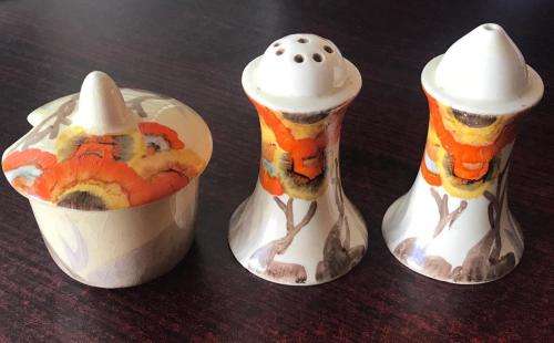 CLARICE CLIFF SALT & PEPPER SET-SOLD WITH A MUSTARD POT WITH THE SAME PATTERN-HEIGHT OF THE SALT & P