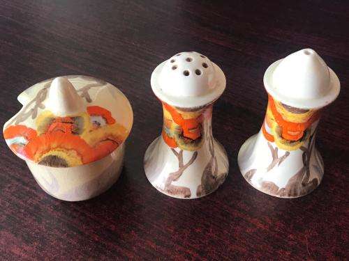 CLARICE CLIFF SALT & PEPPER SET-SOLD WITH A MUSTARD POT WITH THE SAME PATTERN-HEIGHT OF THE SALT & P