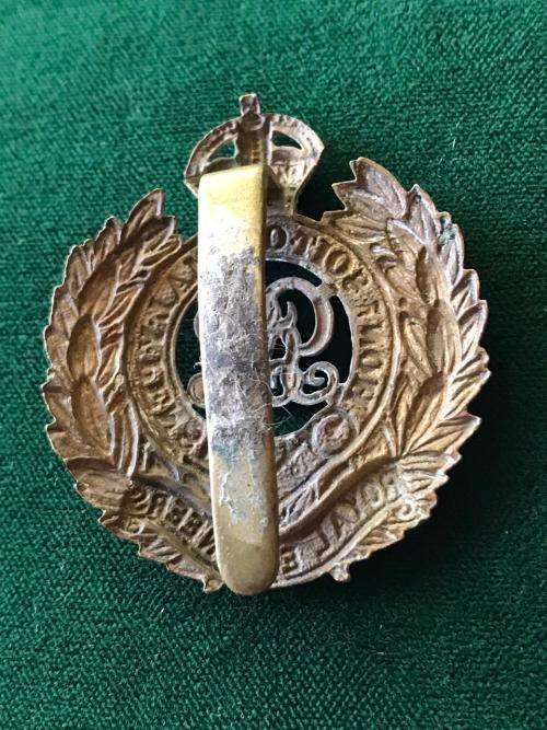 ROYAL ENGINEERS CAP BADGE,BRASS WITH SLIDER-WORN 1940'S-1950'S