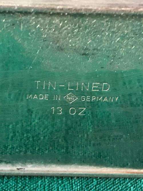 TIN LINED,GERMAN WELL MADE FLASK WITH 2 GLASSES-13 OZ-MEASURES 45X75 MM-HEIGHT 160MM