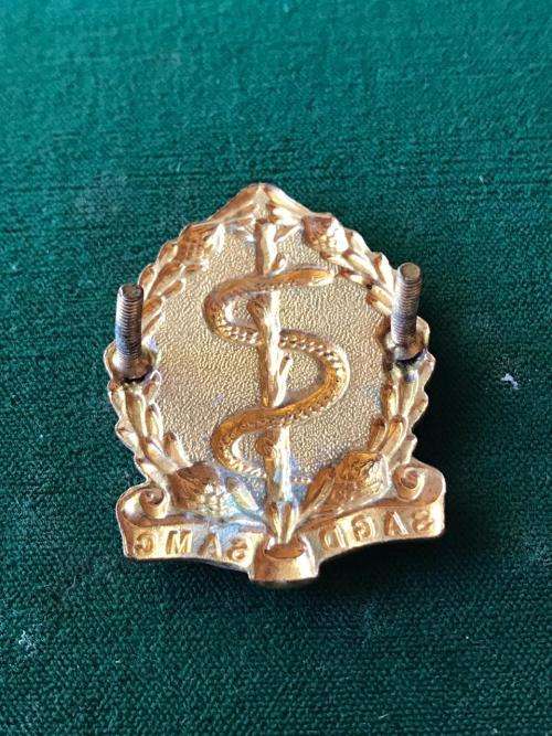 SA MEDICAL CORPS GILT AND ENAMEL CAP BADGE- 2 LUGS