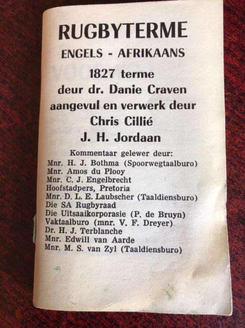 POCKET SIZE -RUGBY TERME DEUR DR DANIE CRAVEN- 88 PAGES-GOOD CONDITION