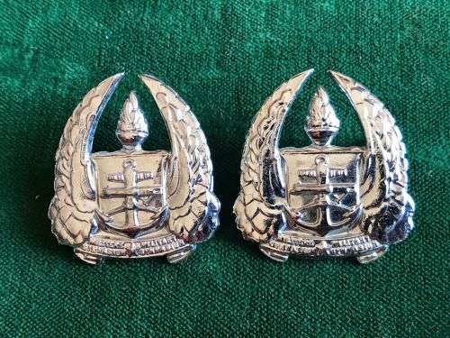ARMY GYMNASIUM CHROME,COLLAR BADGE PAIR-PINS INTACT-WORN POST 1976
