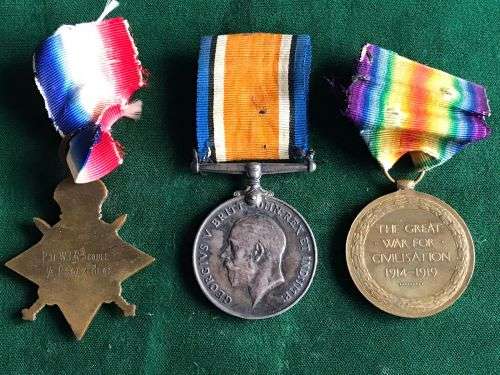 A WW1 TRIO-THE WAR AND VICTORY MEDAL ARE NAMED TO LT. W.T.R. SCOBLE R.A.F- THE 1914 STAR IS NAMED TO