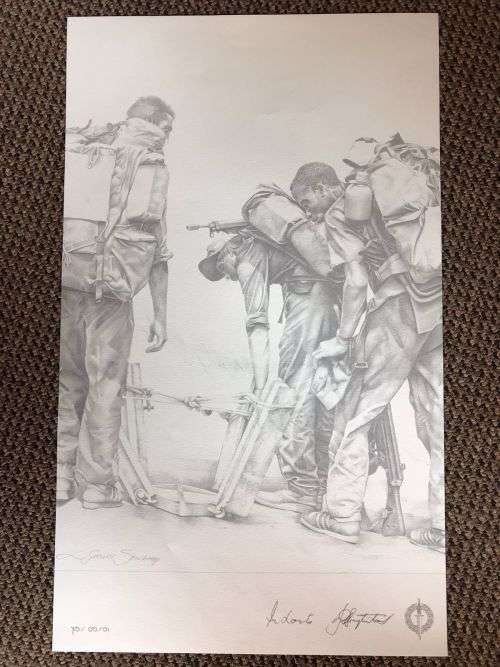 SA RECCE REGT. PENCIL SKETCH BY L. GREWER STEENKAMP AND SIGNED BY MAJ. F.W. LOOTSand COL. JAN BREYTE