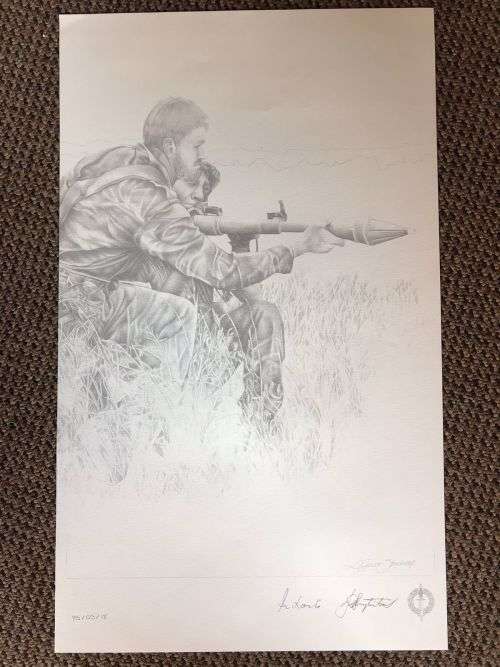 SA RECCE REGT. PENCIL SKETCH BY L. GREWER STEENKAMP AND SIGNED BY MAJ. F.W. LOOTSand COL. JAN BREYTE