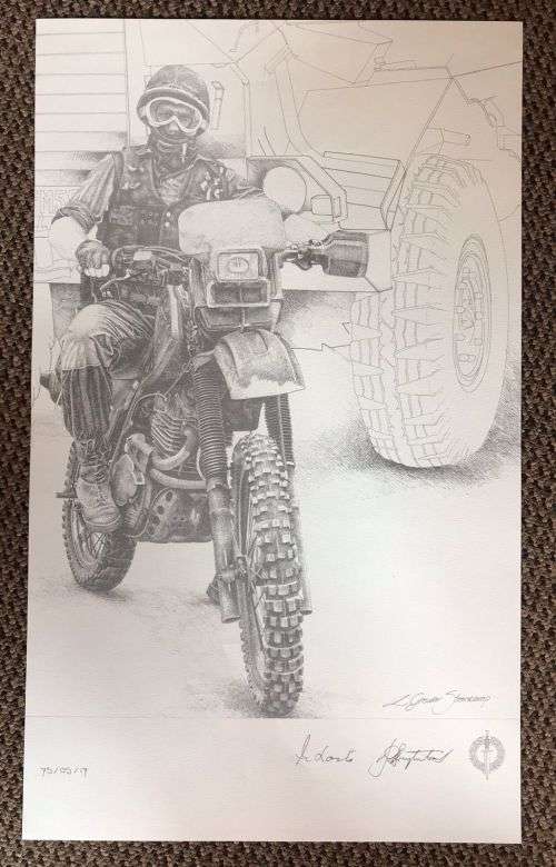 SA RECCE REGT. PENCIL SKETCH BY L. GREWER STEENKAMP AND SIGNED BY MAJ. F.W. LOOTSand COL. JAN BREYTE