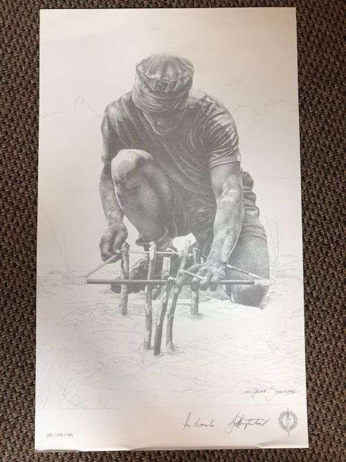 SA RECCE REGT. PENCIL SKETCH BY L. GREWER STEENKAMP AND SIGNED BY MAJ. F.W. LOOTSand COL. JAN BREYTE