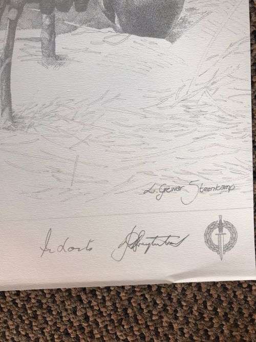 SA RECCE REGT. PENCIL SKETCH BY L. GREWER STEENKAMP AND SIGNED BY MAJ. F.W. LOOTSand COL. JAN BREYTE