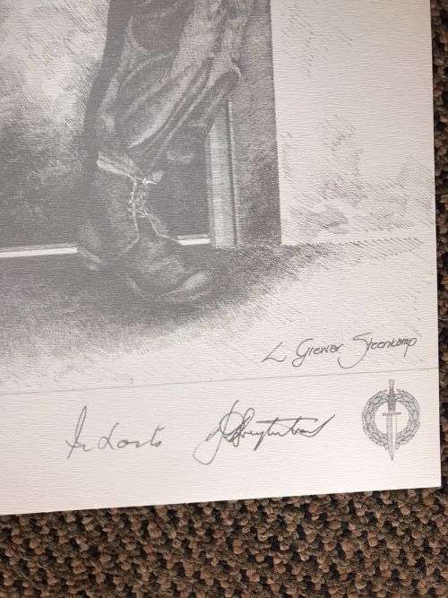 SA RECCE REGT. PENCIL SKETCH BY L. GREWER STEENKAMP AND SIGNED BY MAJ. F.W. LOOTSand COL. JAN BREYTE