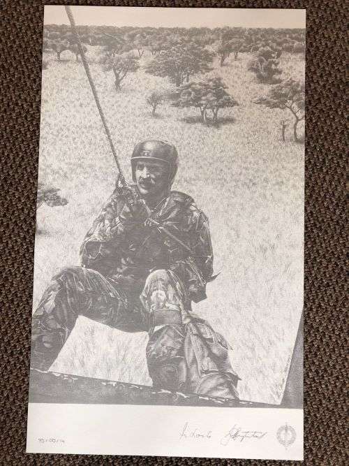 SA RECCE REGT. PENCIL SKETCH BY L. GREWER STEENKAMP AND SIGNED BY MAJ. F.W. LOOTSand COL. JAN BREYTE