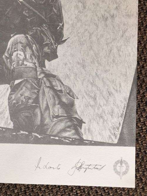 SA RECCE REGT. PENCIL SKETCH BY L. GREWER STEENKAMP AND SIGNED BY MAJ. F.W. LOOTSand COL. JAN BREYTE