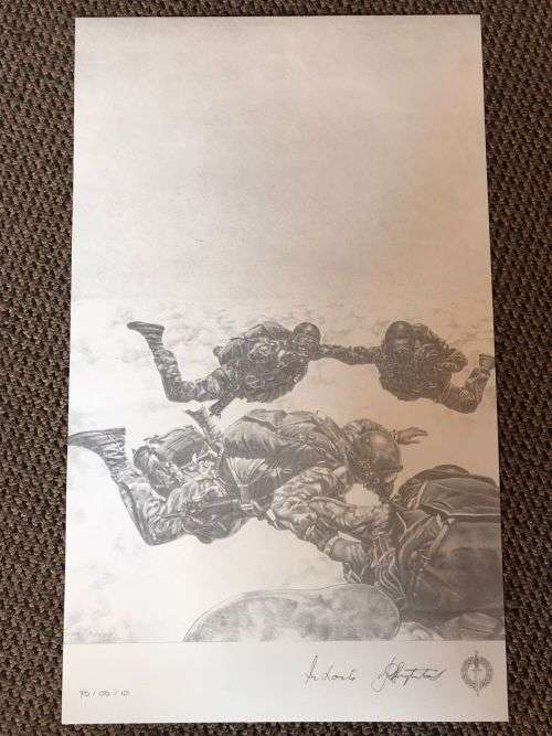 SA RECCE REGT. PENCIL SKETCH BY L. GREWER STEENKAMP AND SIGNED BY MAJ. F.W. LOOTSand COL. JAN BREYTE