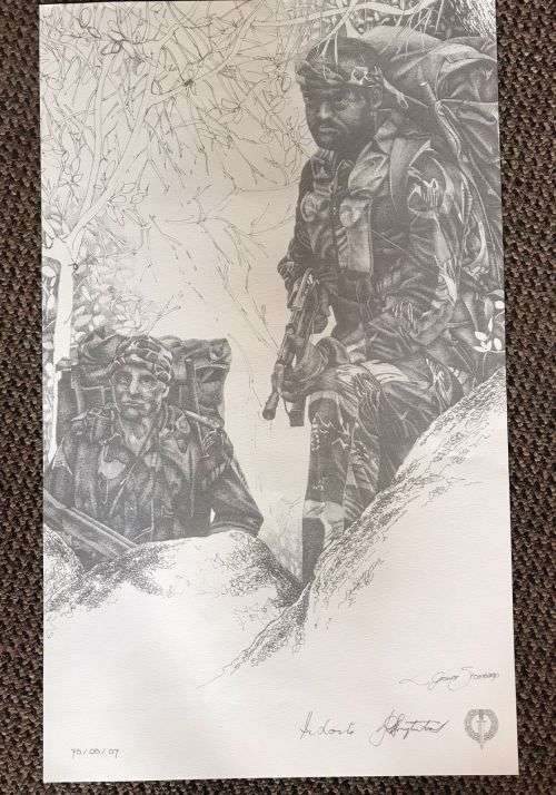 SA RECCE REGT. PENCIL SKETCH BY L. GREWER STEENKAMP AND SIGNED BY MAJ. F.W. LOOTSand COL. JAN BREYTE