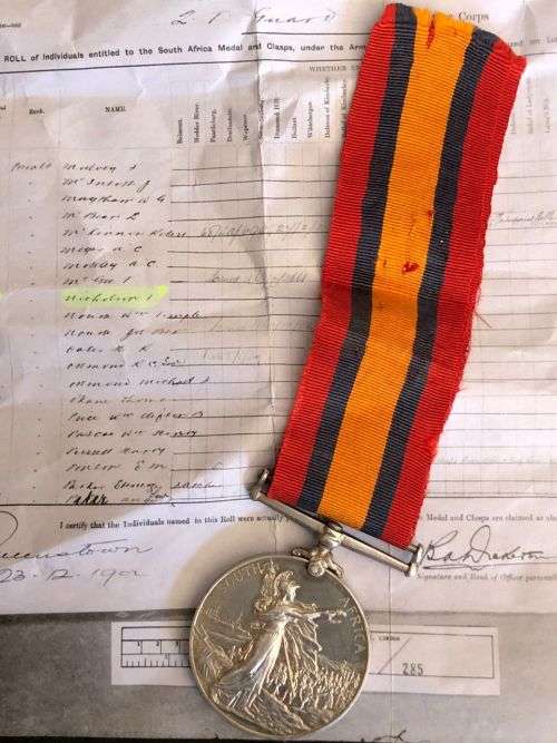 FULL SIZE BOER WAR QSA MEDAL NAMED TO 201 PTE. T. NICHOLSON QUEENSTOWN TOWN GUARD -THE MEDAL IS CONF
