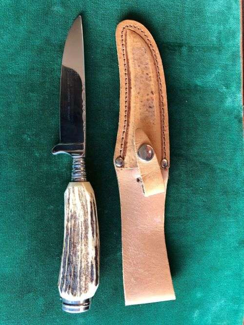 HUBERTUS SOLINGEN ROSTREI W GERMANY VINTAGE STAG HUNTING KNIFE WITH ORIGINAL SHEATH-VERY GOOD CONDIT