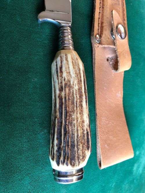 HUBERTUS SOLINGEN ROSTREI W GERMANY VINTAGE STAG HUNTING KNIFE WITH ORIGINAL SHEATH-VERY GOOD CONDIT