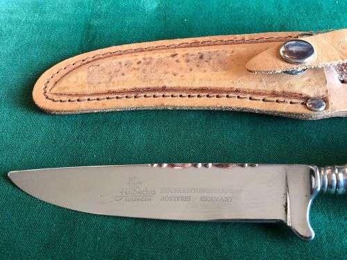 HUBERTUS SOLINGEN ROSTREI W GERMANY VINTAGE STAG HUNTING KNIFE WITH ORIGINAL SHEATH-VERY GOOD CONDIT
