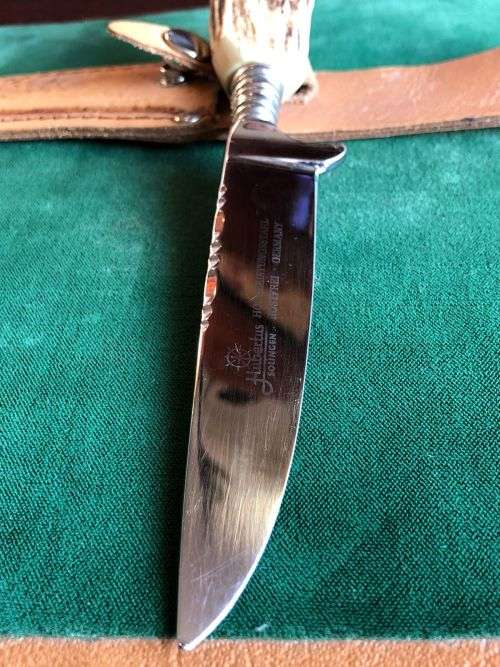 HUBERTUS SOLINGEN ROSTREI W GERMANY VINTAGE STAG HUNTING KNIFE WITH ORIGINAL SHEATH-VERY GOOD CONDIT