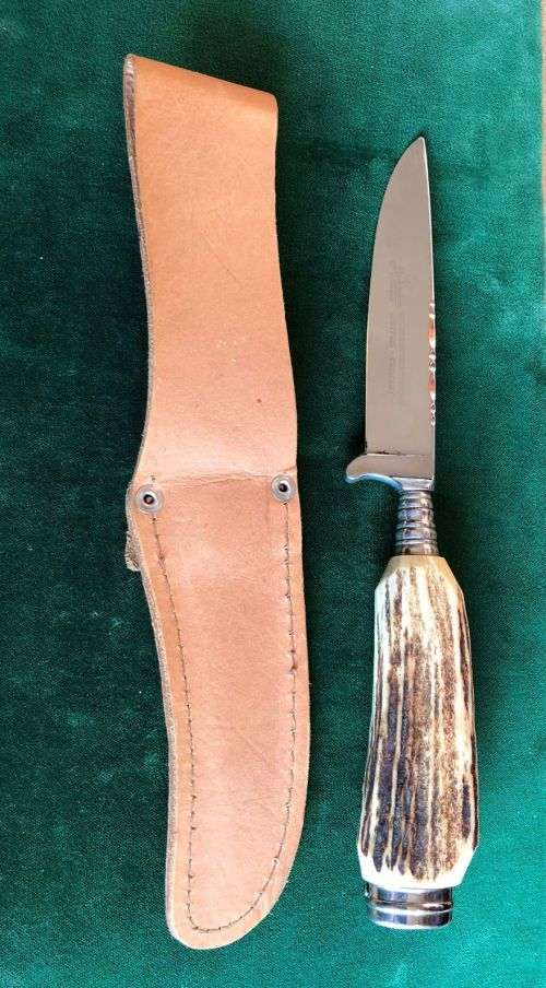 HUBERTUS SOLINGEN ROSTREI W GERMANY VINTAGE STAG HUNTING KNIFE WITH ORIGINAL SHEATH-VERY GOOD CONDIT