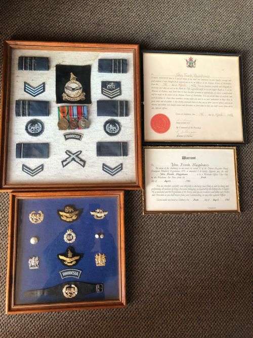 RHODESIA COLLECTION OF MEDALS AND BADGES WITH COMMENDATIONS-JOHN FRANK KLEYNHANS WAS A WARRANT OFFIC