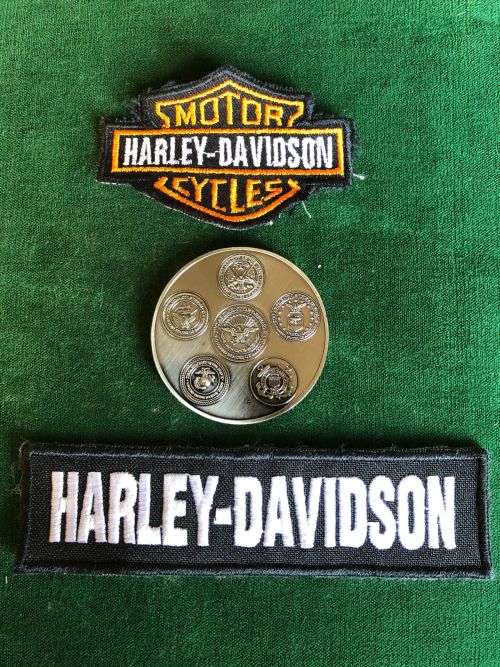 HARLEY DAVIDSON CHALLENGE COIN AND TWO PATCHES-SOLD TOGETHER
