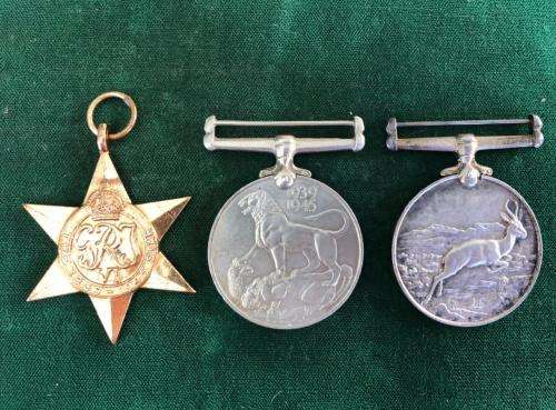 WW2 MEDAL GROUP OF 3-THE AFRICA SERVICE MEDAL IN SILVER AWARDED TO 230202 J. ARENSBERG