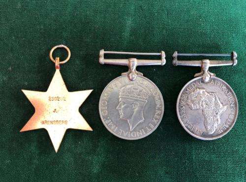 WW2 MEDAL GROUP OF 3-THE AFRICA SERVICE MEDAL IN SILVER AWARDED TO 230202 J. ARENSBERG