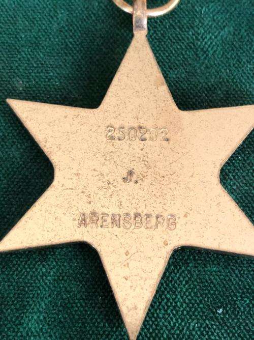 WW2 MEDAL GROUP OF 3-THE AFRICA SERVICE MEDAL IN SILVER AWARDED TO 230202 J. ARENSBERG